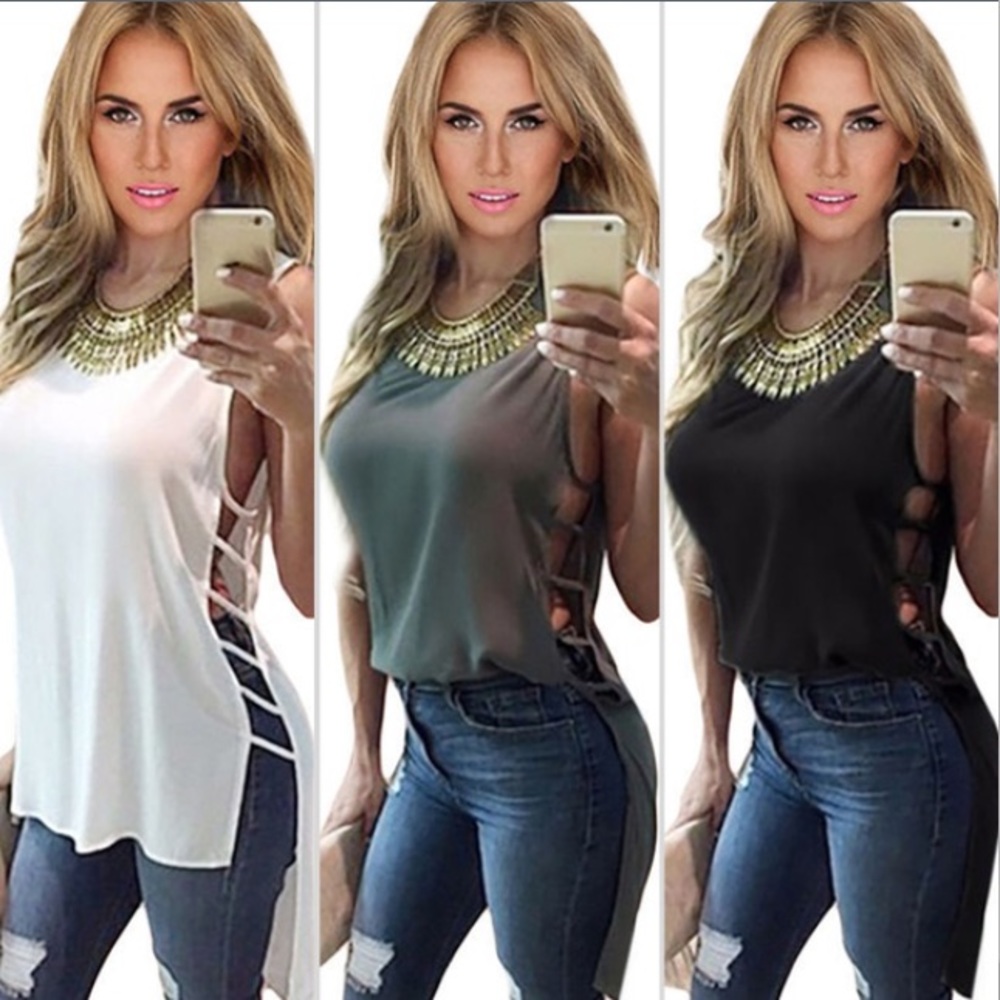 Chiffon High-Low Cut-Out Tank Top - Picture 2 of 7