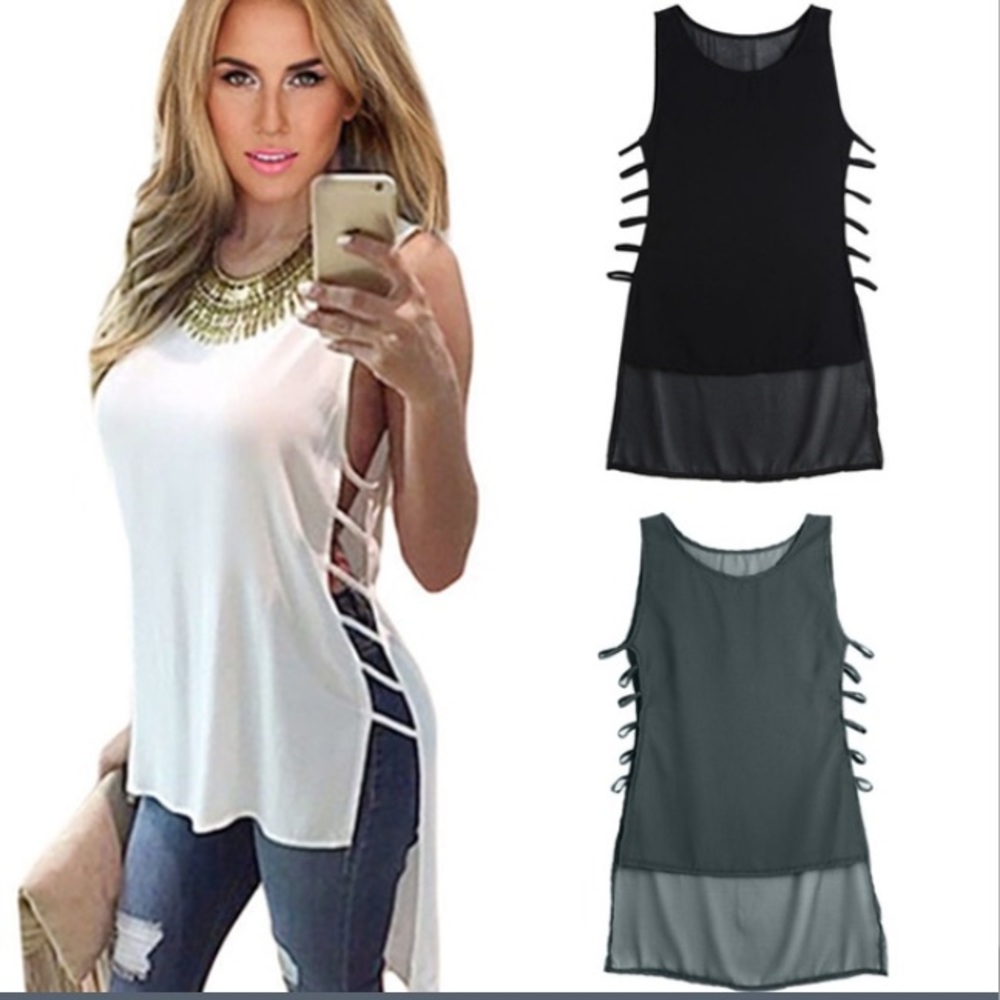 Chiffon High-Low Cut-Out Tank Top - Picture 1 of 7