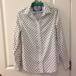 Button down shirt with  navy polka dots