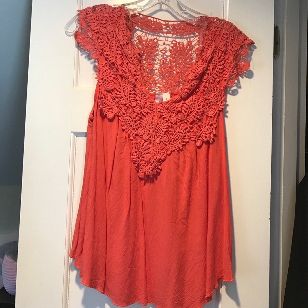 Coral lace top blouse