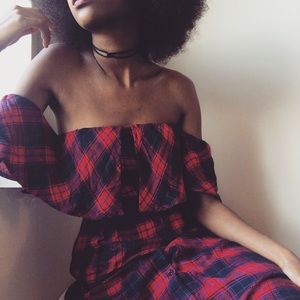 LULUS Woodland Red Plaid Off-The-Shoulder Dress