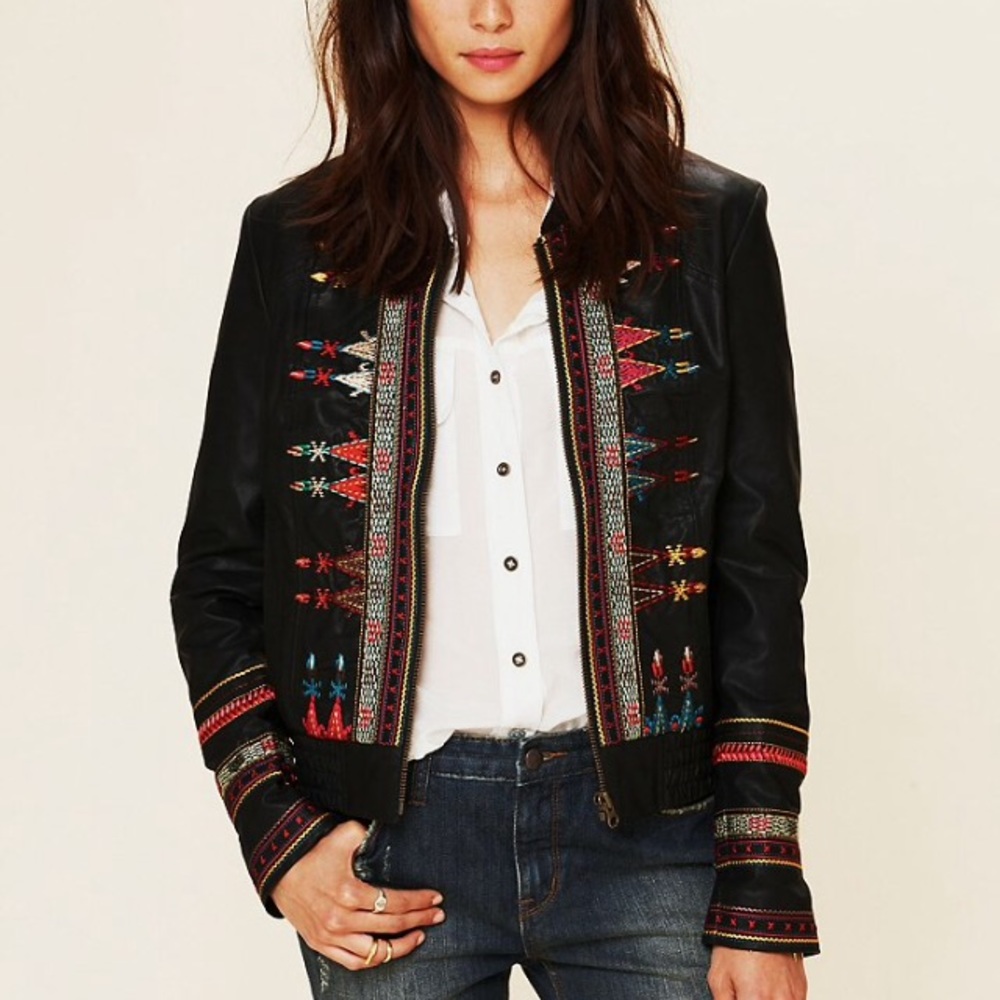 Free people embroidered faux leather jacket xs