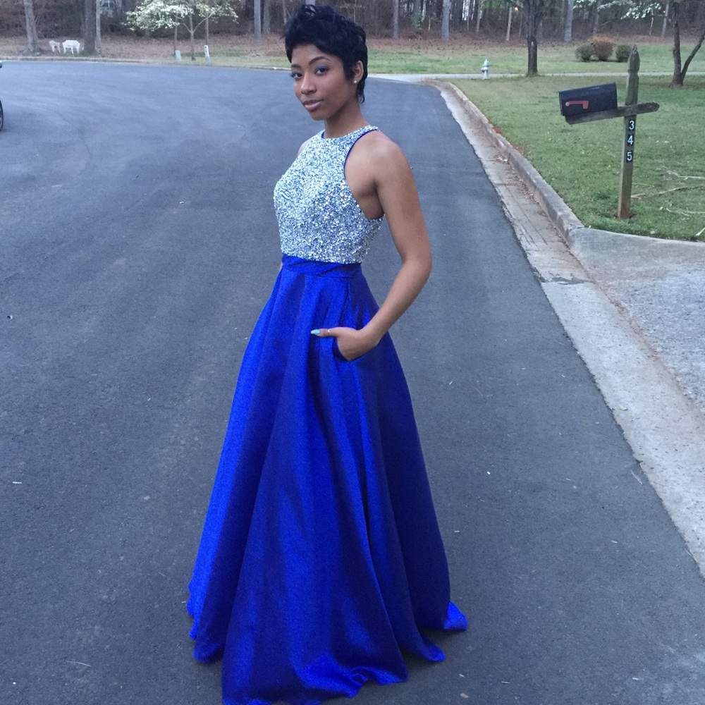 BLUE AND SILVER JOVANI PROM DRESS