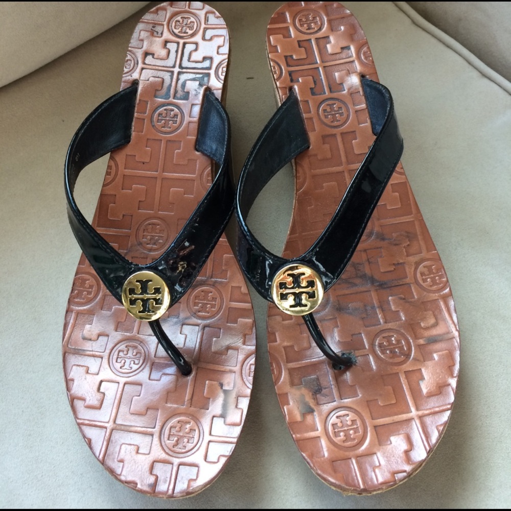 Tory Burch Black Patent Wedge Sandals
