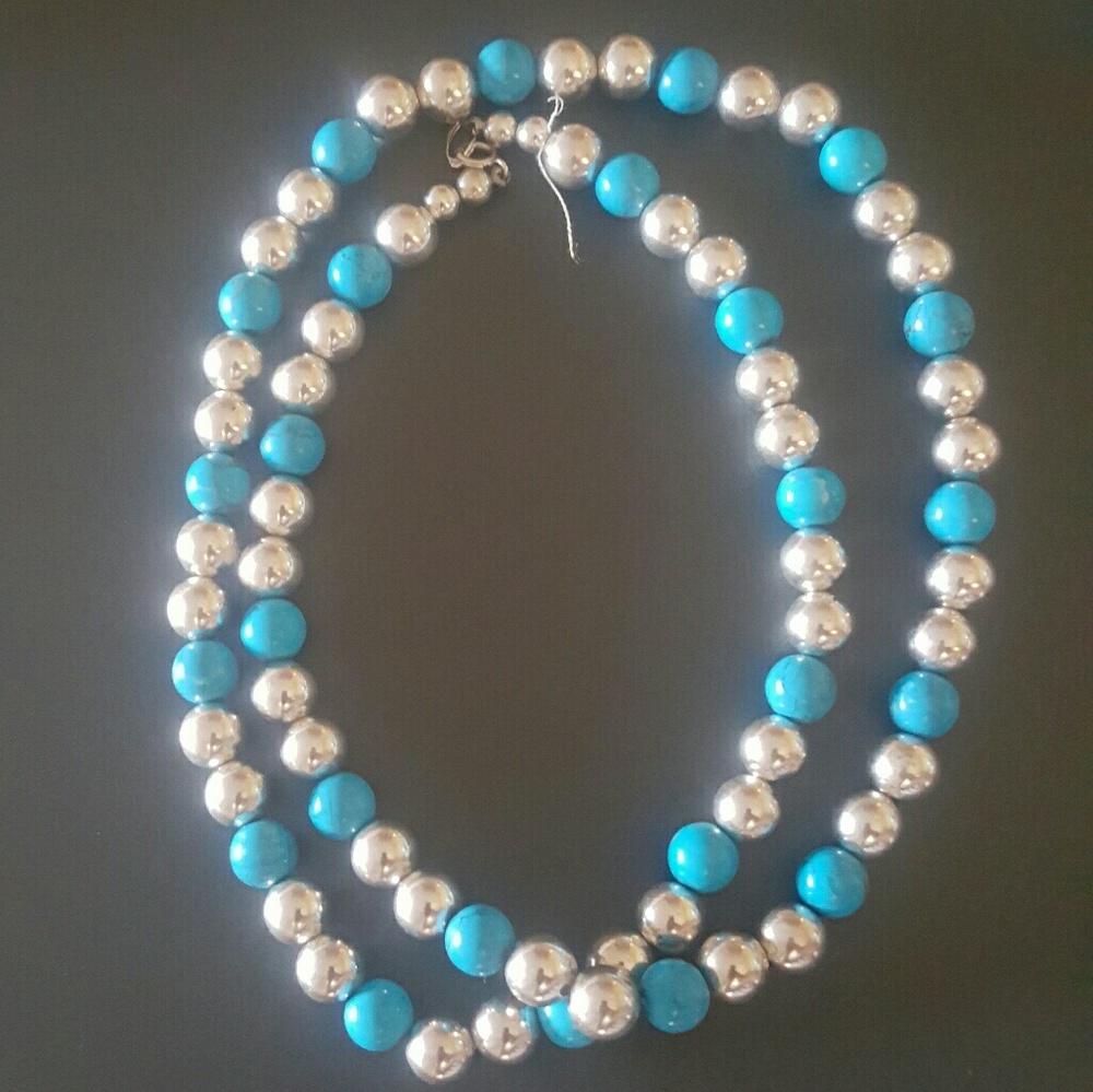 Long sterling Turquoise bead necklace