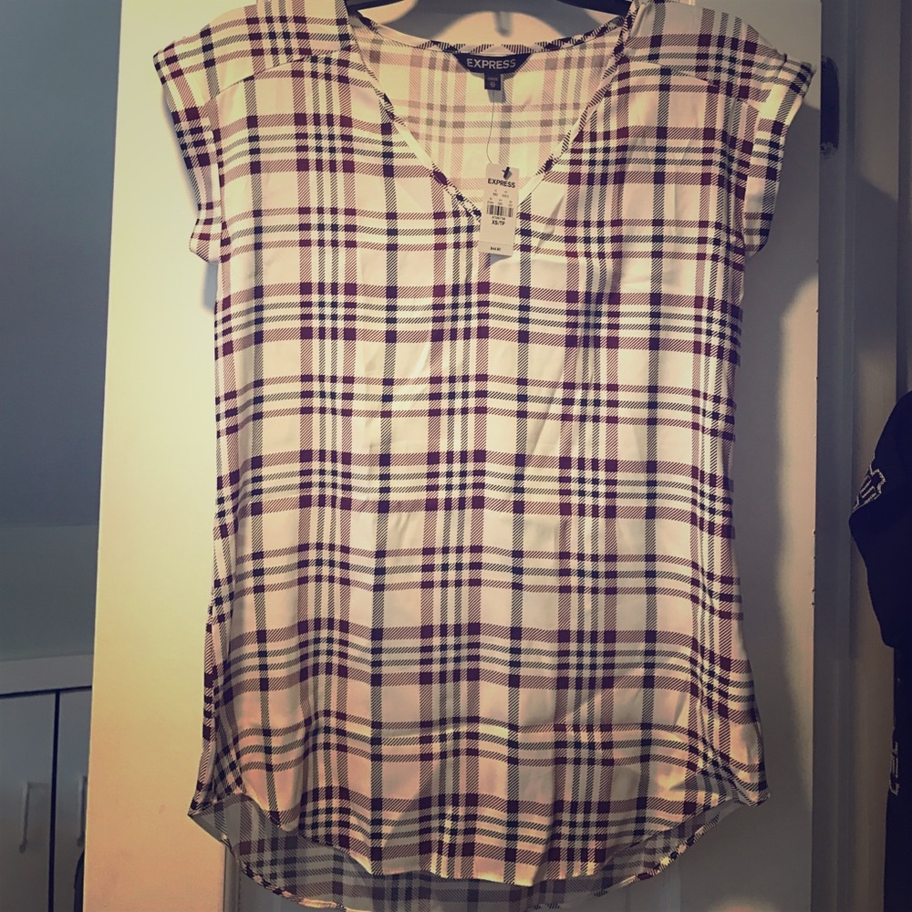 White and burgundy plaid blouse, New with tags