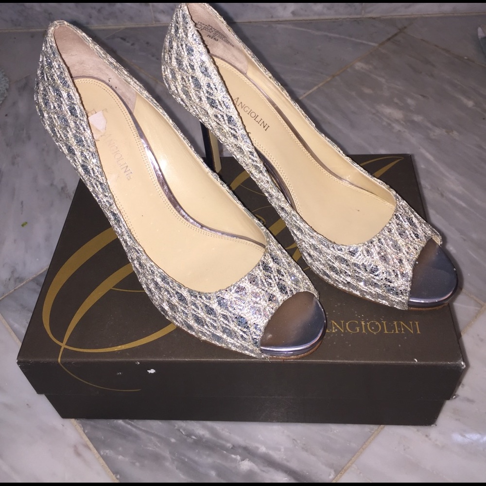 Silver peep toe heels