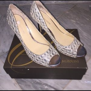 Silver peep toe heels