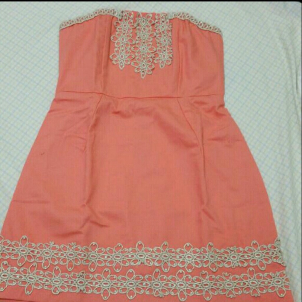 Coral Gold Trim Flower Detail Dress