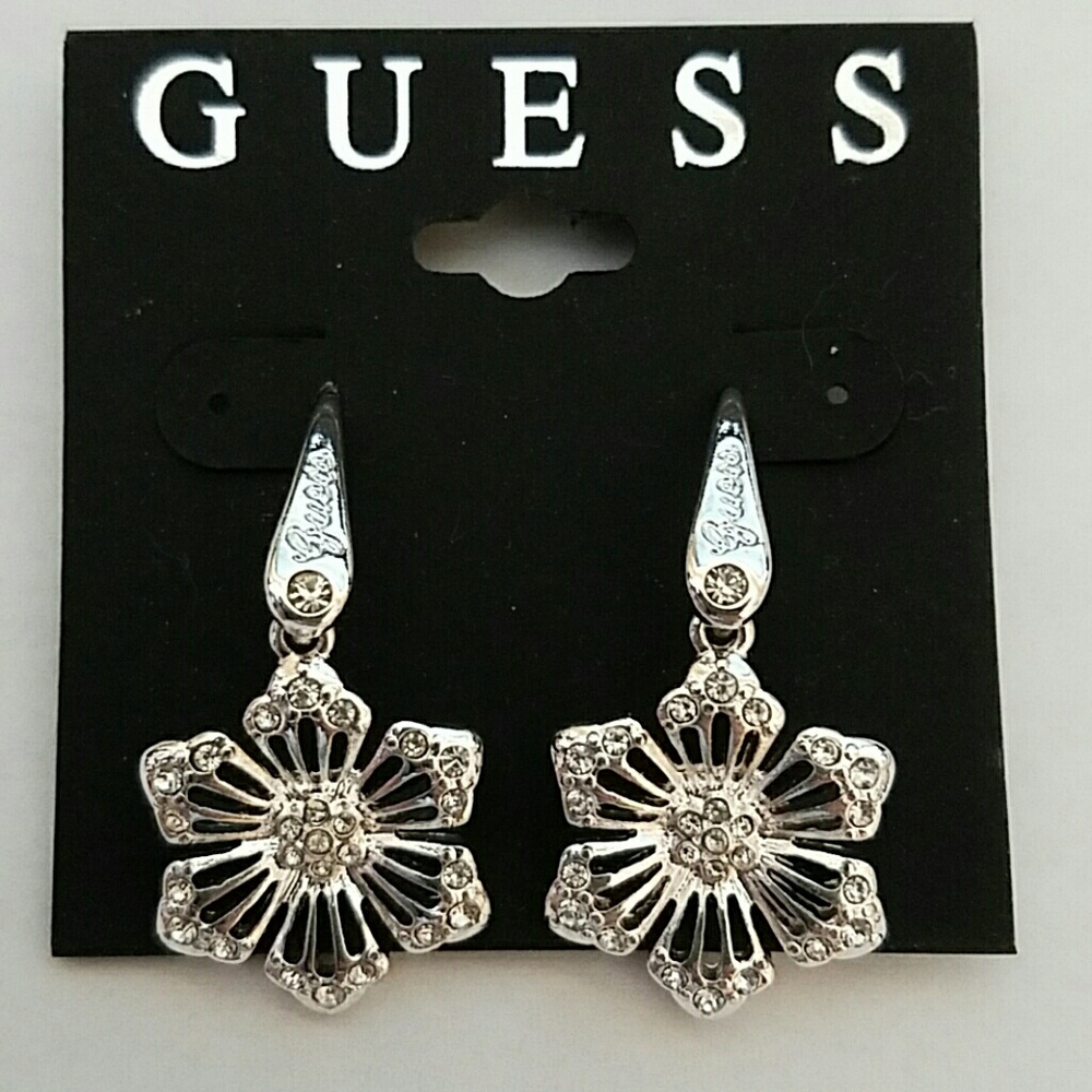 Guess Silver - Tone Logo Flower Drop Earrings NWT