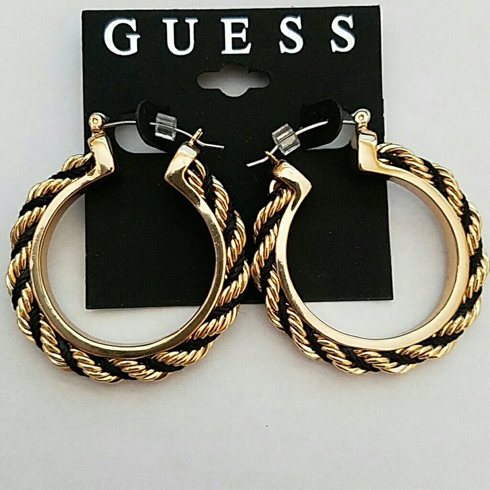 Guess Gold -Tone / Black Chain Hoop Earrings