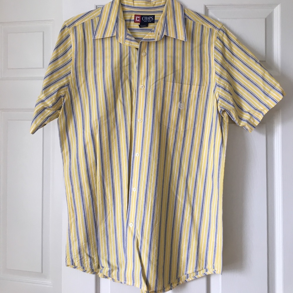 Yellow and blue short sleeve button down shirt