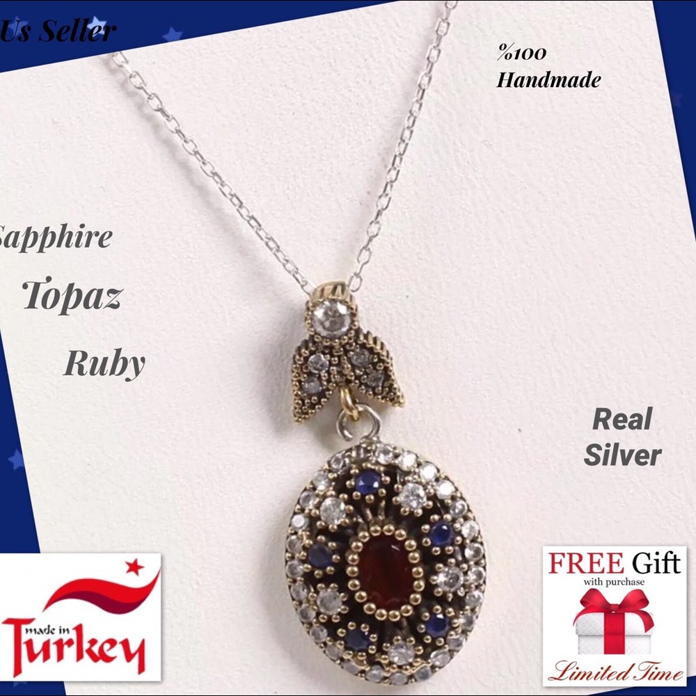 VINTAGE RUBY SAPPHIRE 925 SILVER NECKLACE TURKISH