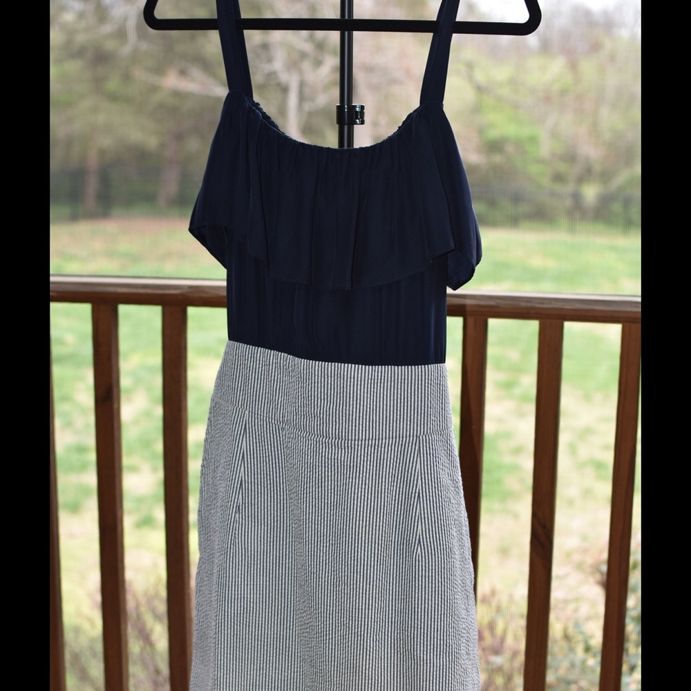 Anthropologie navy and white seersucker dress