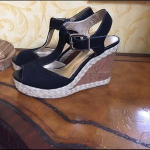 Black cork wedge heels. 4" heel