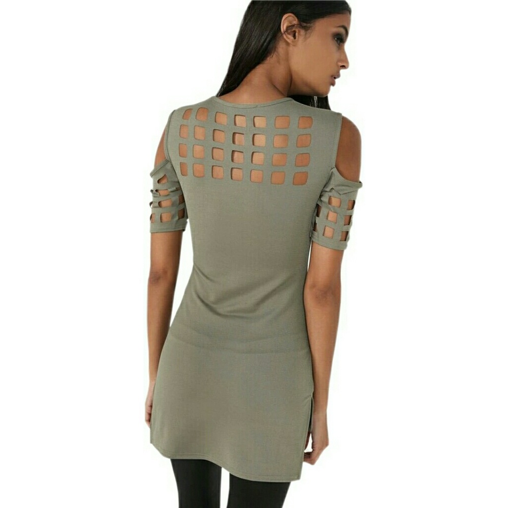 LAST ONE  PRICE FIRM  COLD SHOULDER  CAGE TEE - Picture 2 of 3
