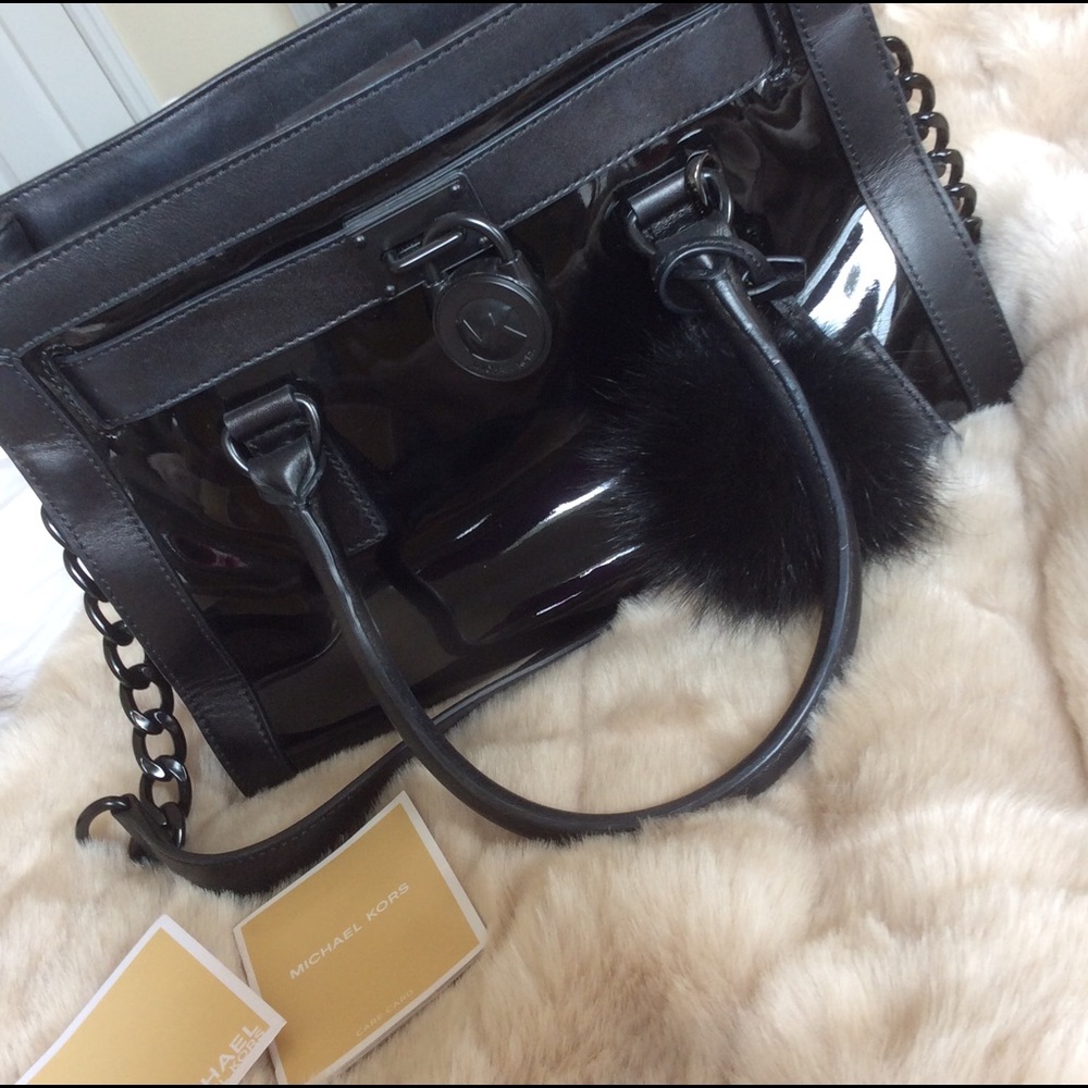 Michael Kors Black Patent Frame Out Hamilton Purse