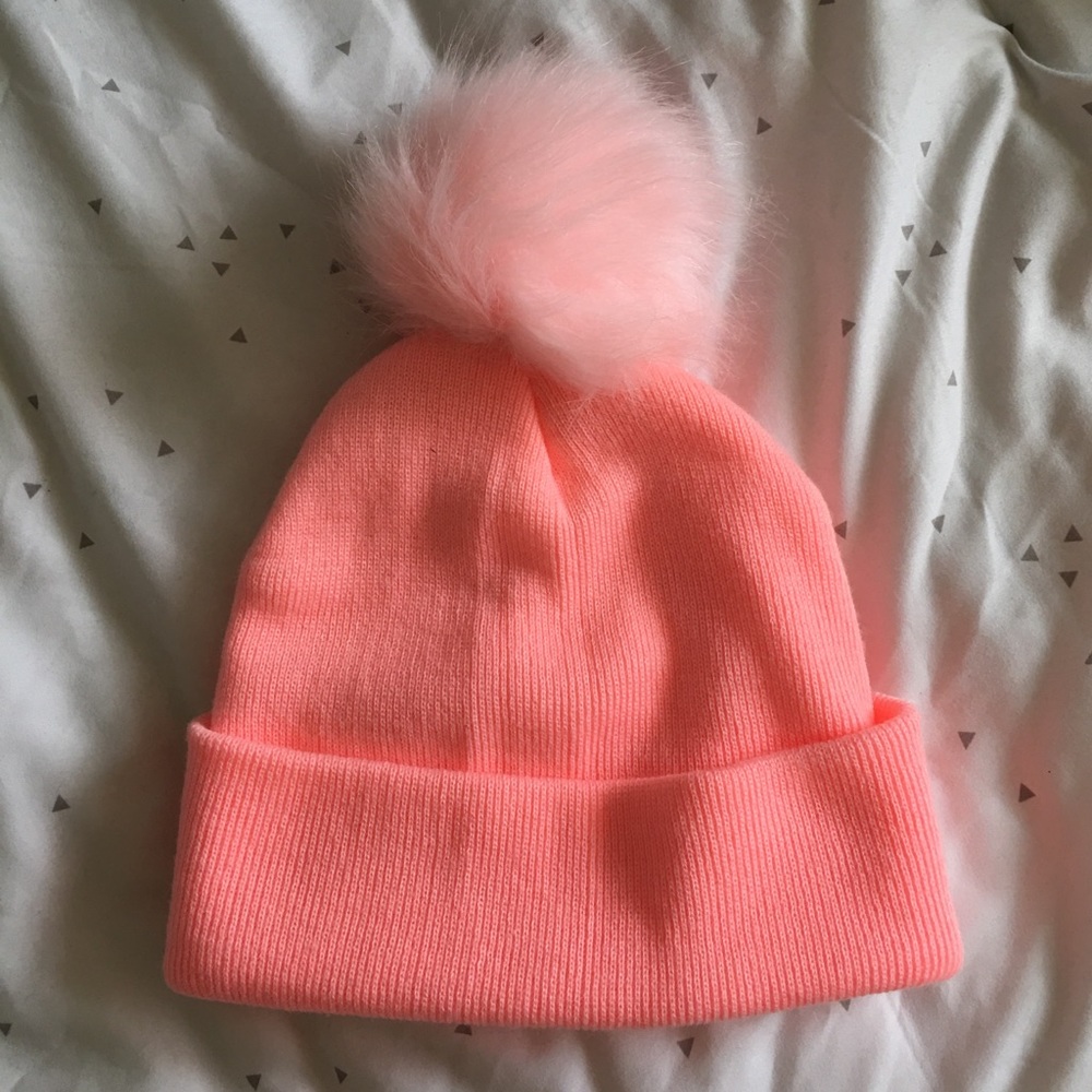 Neon Orange/Pink Fluff Ball Beanie