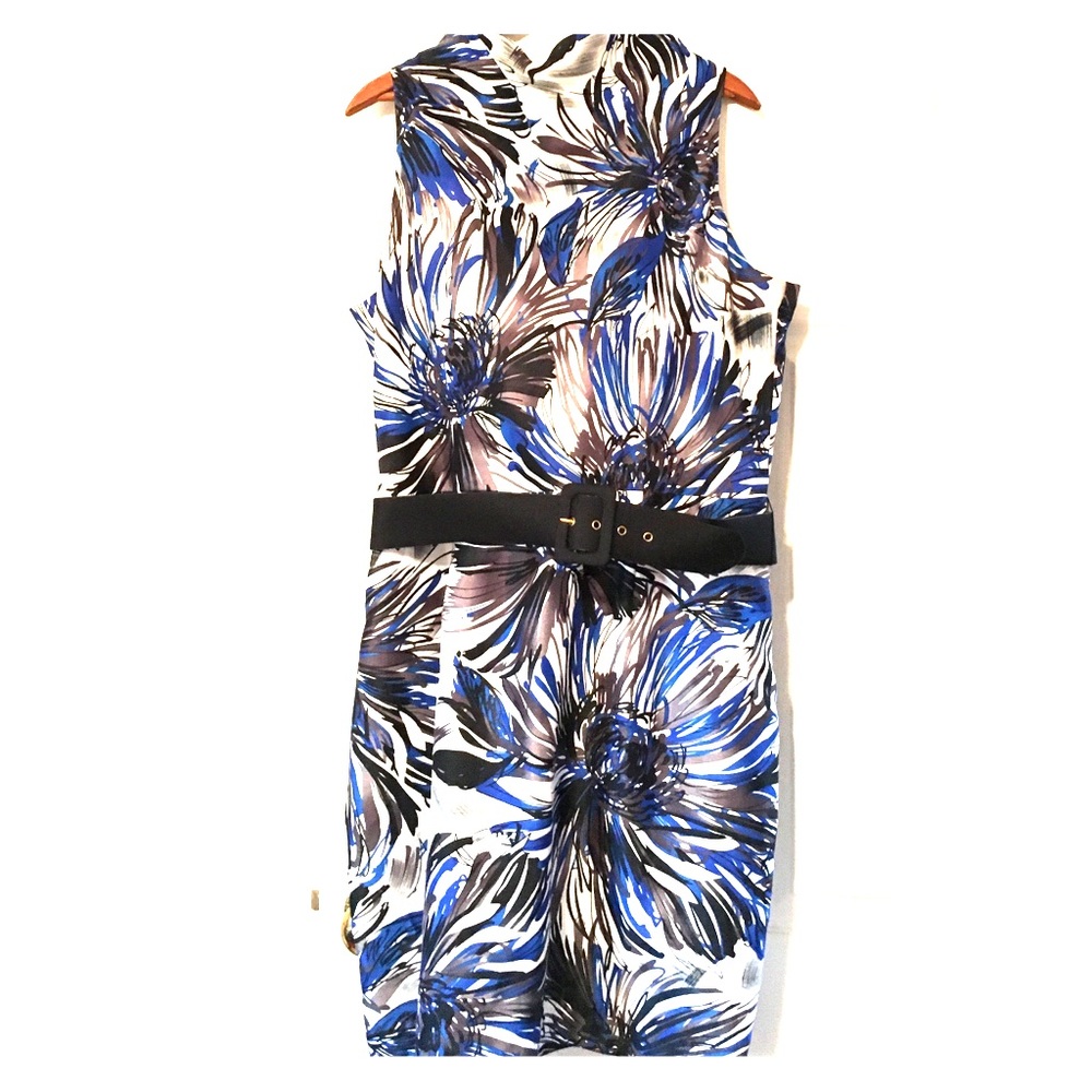 Vibrant blue and black floral print belted dress