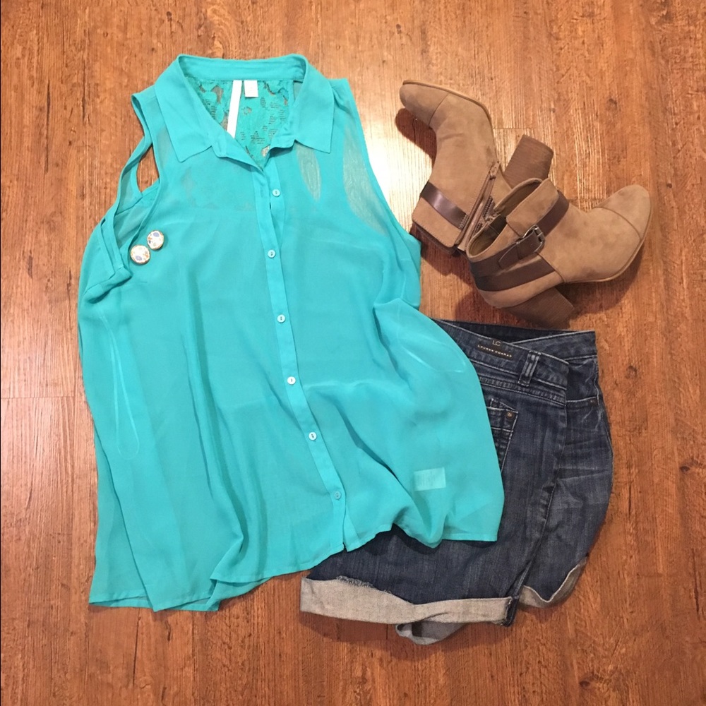 Teal long button down tank