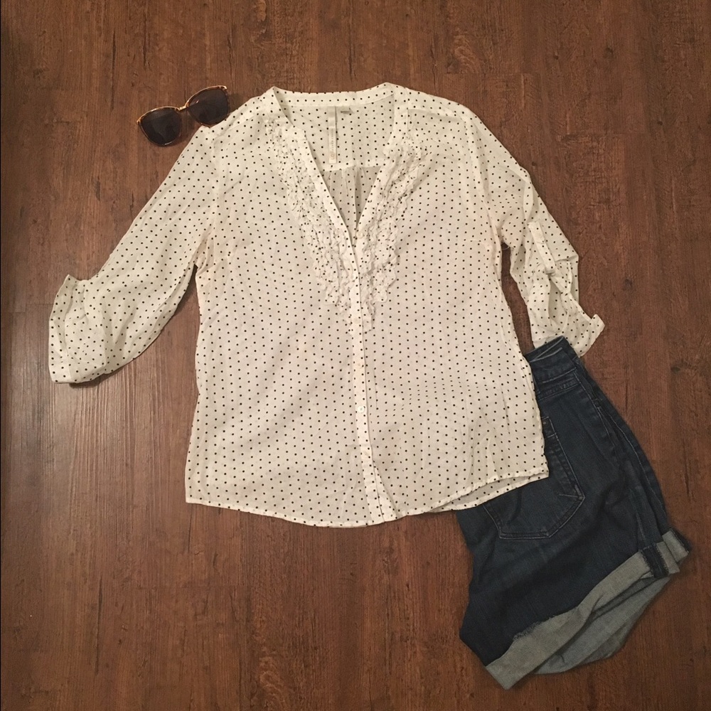 White three quarter length polka dot blouse