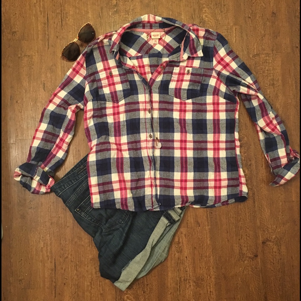 Pink and blue flannel style button up