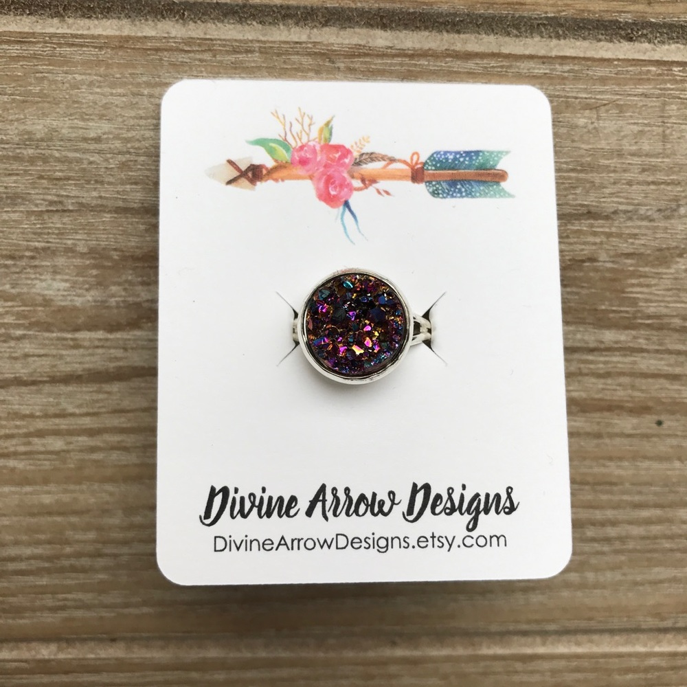 12mm Magenta Druzy Silver Adjustable Ring
