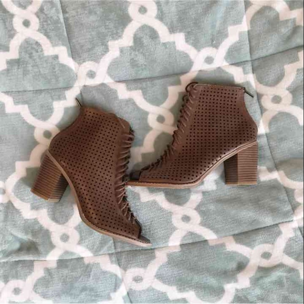 Brown Open Peep Toe Ankle Booties Cut Out