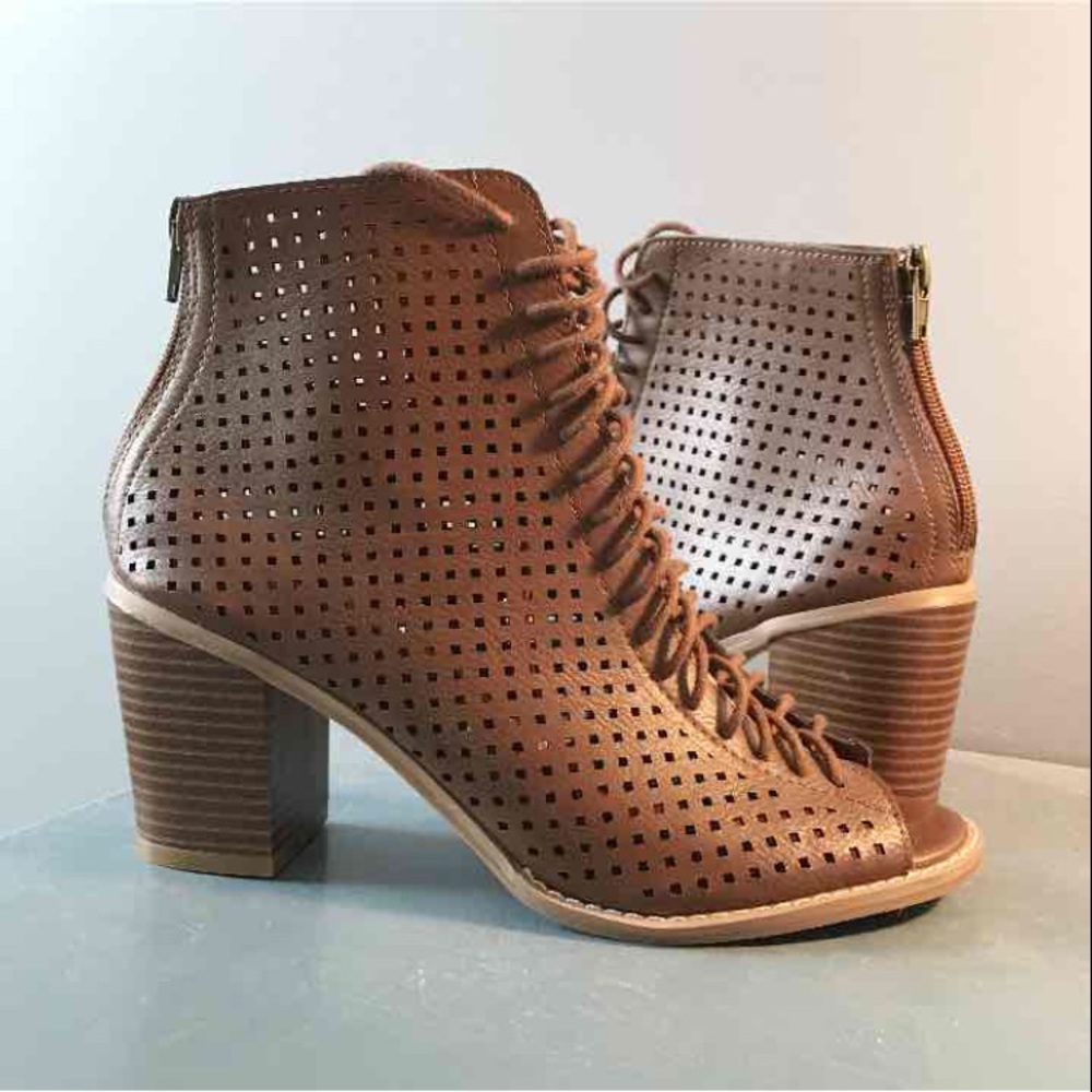 Brown Open Peep Toe Ankle Booties Cut Out - Picture 4 of 4