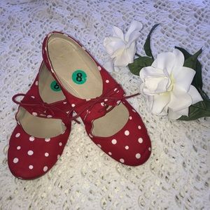 Red with white polka dot flats