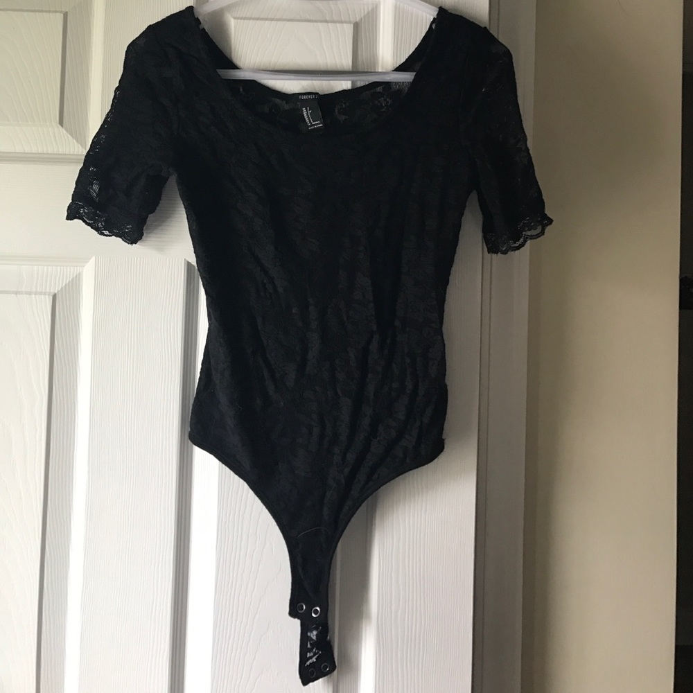 Short Sleeve Black Lace Thong Bodysuit