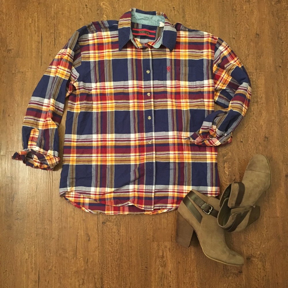 Bright blue, yellow and red flannel