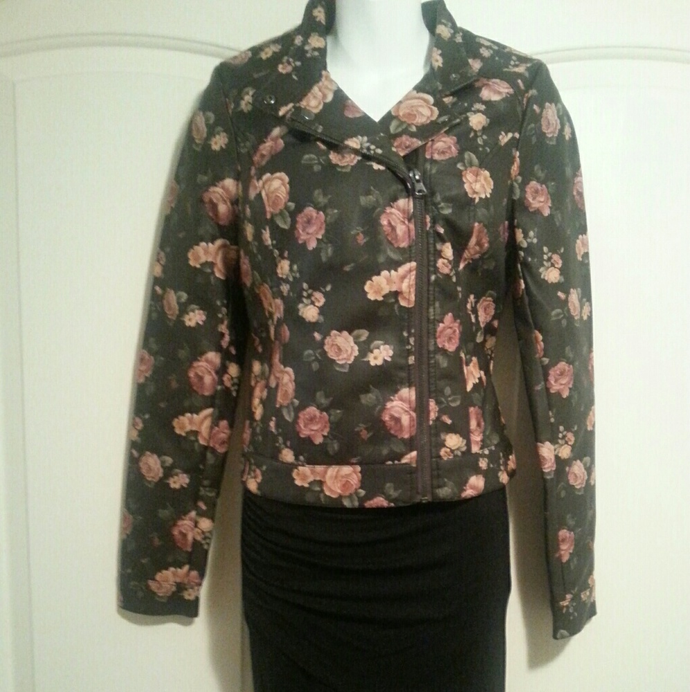 Floral faux leather jacket