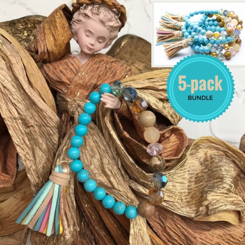 5-pack Aqua Beaded Tassel Bracelet Bundle NWT