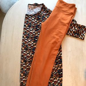 XS multi-colored Irma and OS burnt orange leggings
