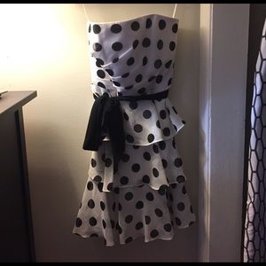 Black and white polka dot strapless dress