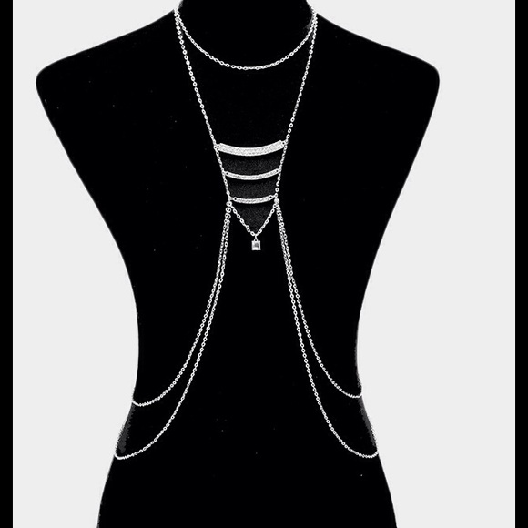 boutique Jewelry - Triple crystal bar draped metal body chain.