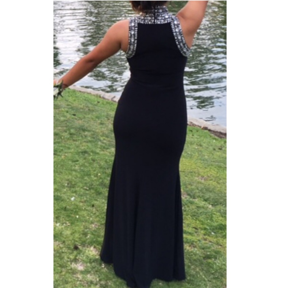 High neck black and silver prom dress
