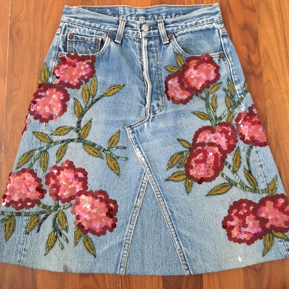 Hand embroidered and embellished denim skirt