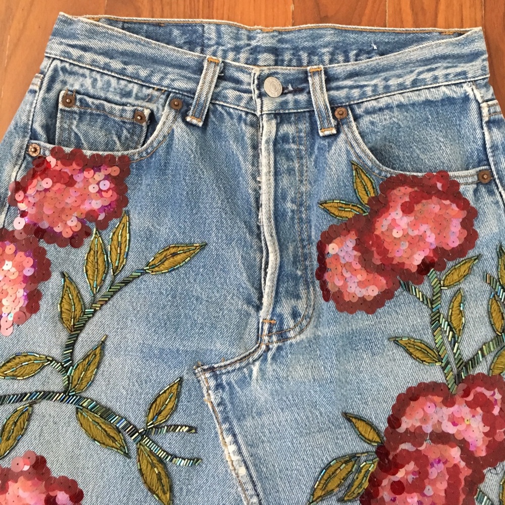 Hand embroidered and embellished denim skirt - Picture 2 of 5