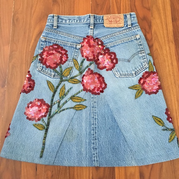 Hand embroidered and embellished denim skirt - Picture 3 of 5