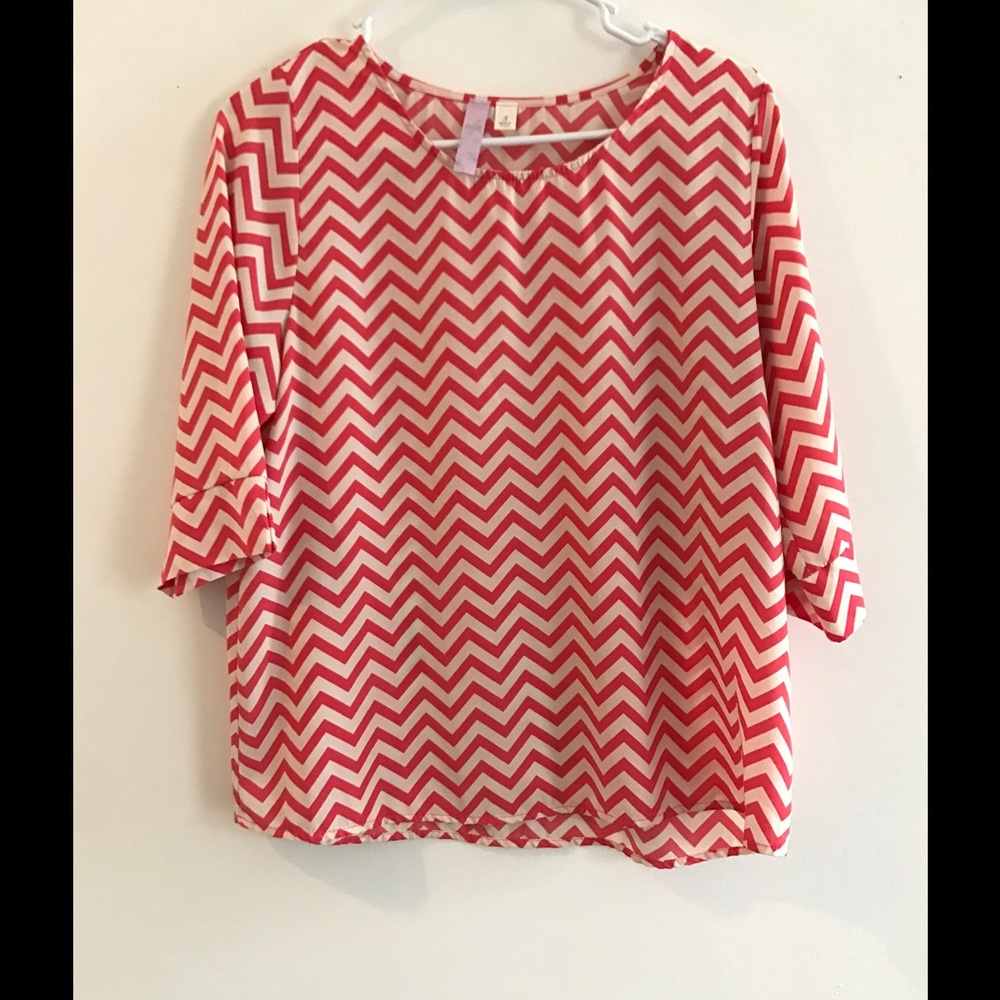 Pink & White Chevron 3/4 Sleeve Blouse Size SM