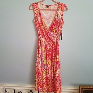 Orange multi faux wrap dress