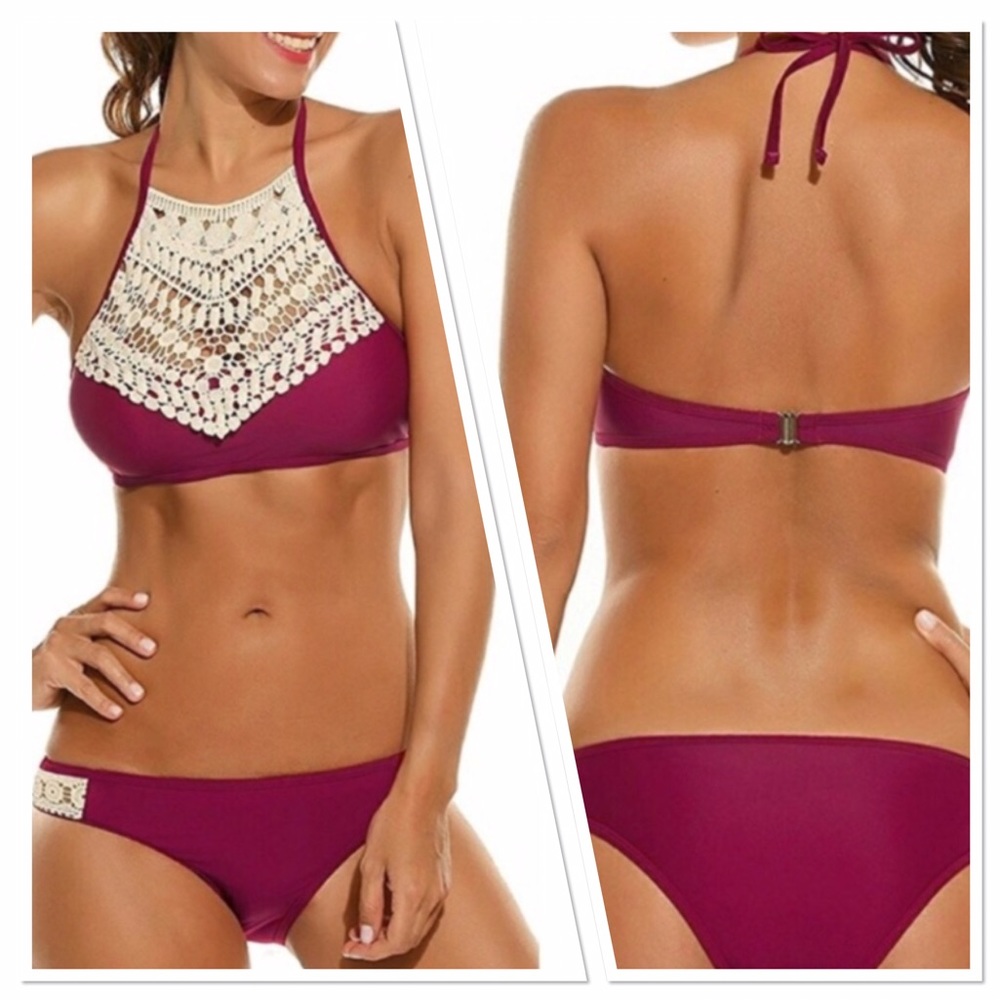 High Neck Wine Crochet Bikini 👙