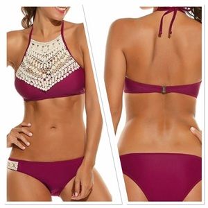 High Neck Wine Crochet Bikini 👙
