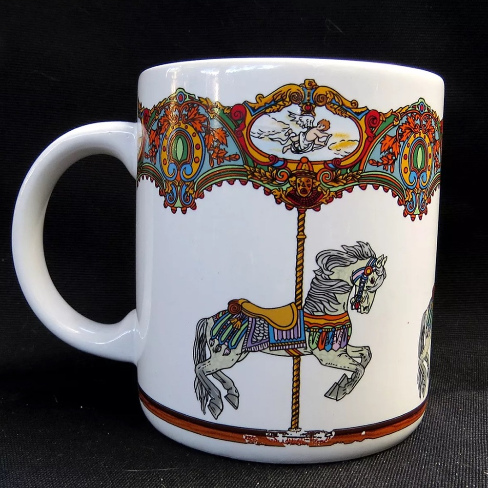 Vtg Carousel Horse Mug Cup Victorian Cherubs Fair
