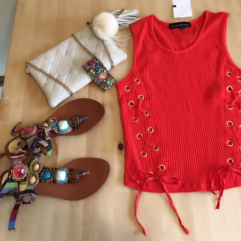 Derek Heart -Trendy Red Tank -Lace Up -Gold detail