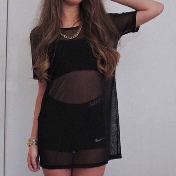 Black Mesh Oversized Jersey Dress Overlay - Picture 2 of 7