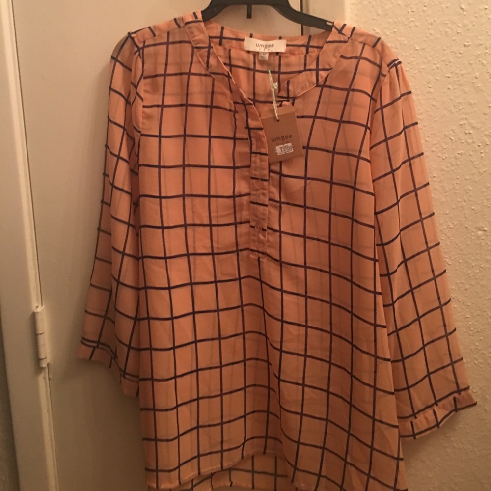 Coral with blue striping! 3/4 length sheer.