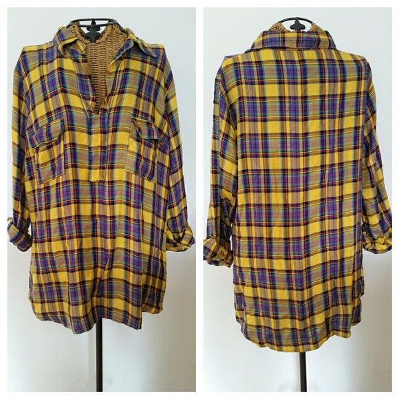 NFS SPLENDID plaid rayon rolled sleeves top L - Picture 2 of 6